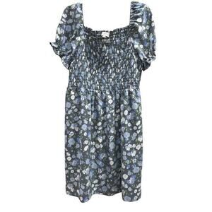 LOFT gray Blue smocked floral puff sleeve dress NWT Size L